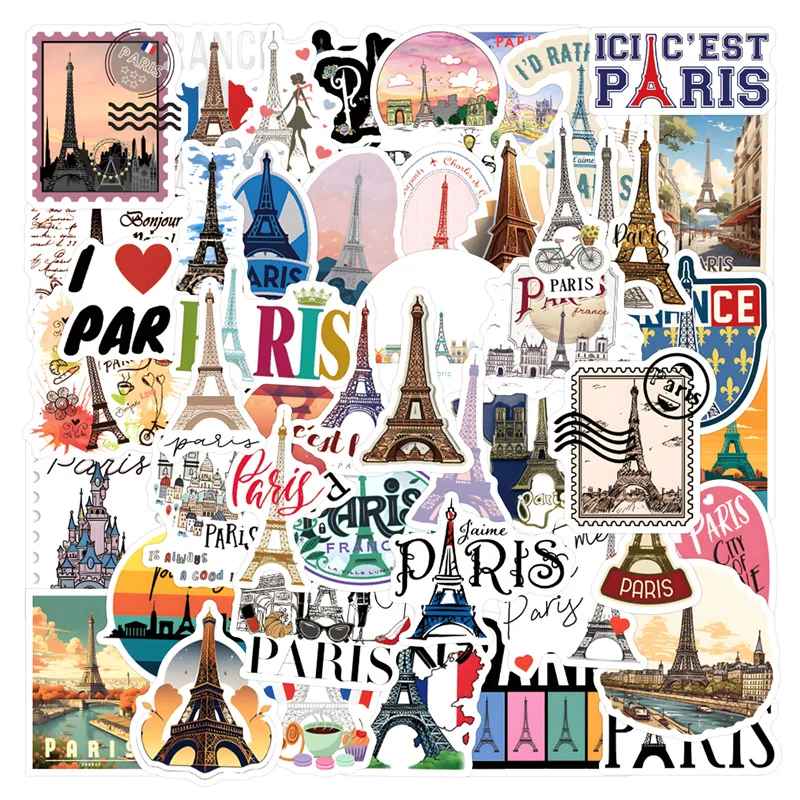 55PCS France Paris Landscape Stickers Eiffel Tower Decals DIY Motorcycle Luggage Guitar Cartoon Cool Graffiti Decal Sticker