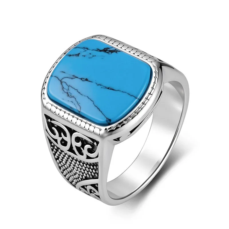 Vintage Carved Openwork Titanium Steel Ring for Men With Natural Turquoise Stone Masculine Fashion Index Finger Bands Sizes 8-13