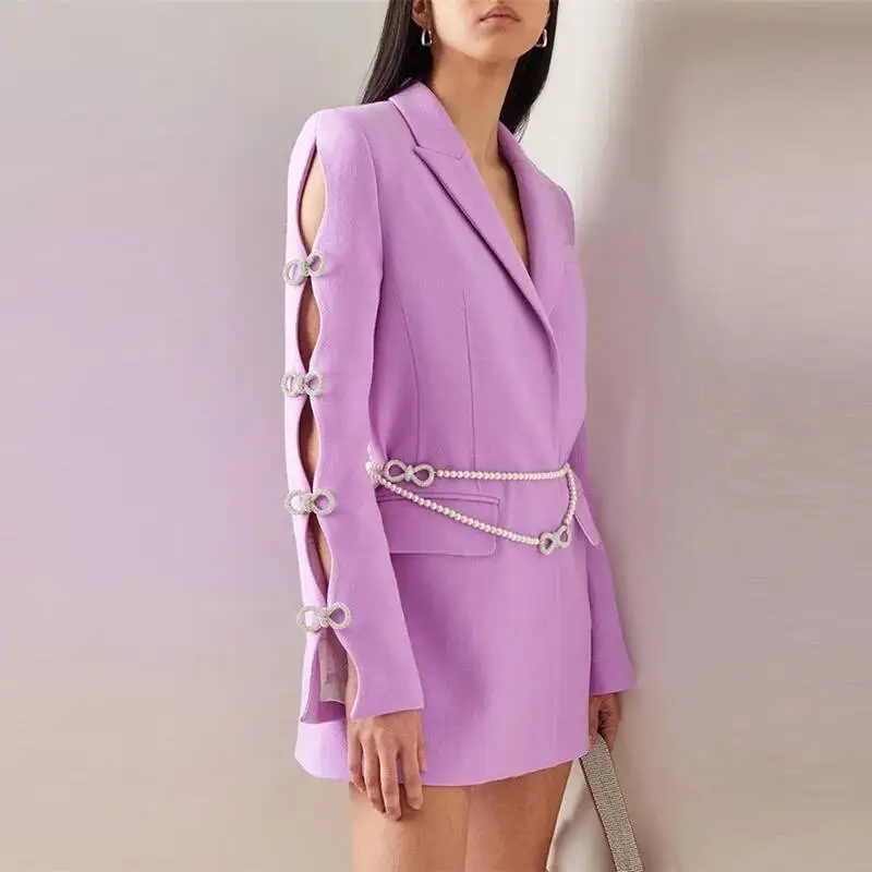 

Elegant Short Dress with Pearl Belt And Diamond Sleeve Design Hollow out Butterfly Tie Polyester Suit Dress for Women