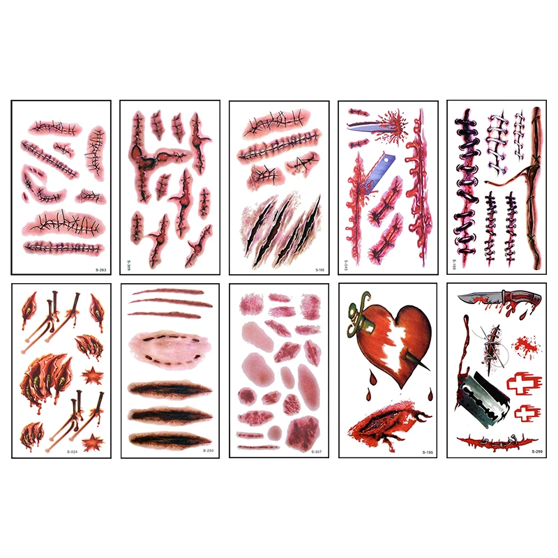 10pcs Halloween Tattoo Sticker Horror Bloody Wound Zombie Scar Waterproof Temporary Tattoos DIY Party Body Art Makeup Kids Adult image 6