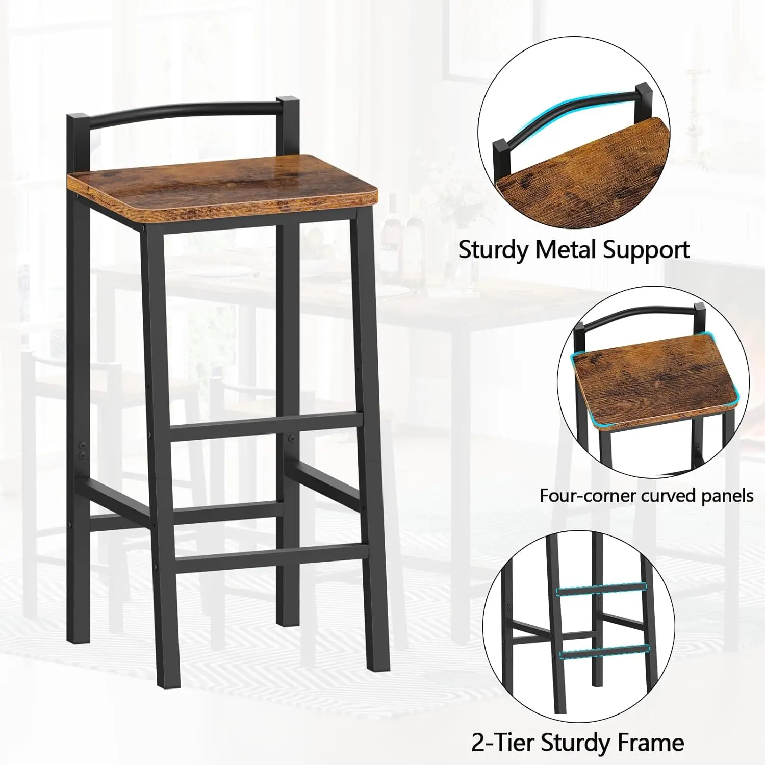 Kursi Bar Dapat Disesuaikan, Kursi Bar Set 2, Bangku Tinggi Konter 24", Kursi Bar Modern dengan Sandaran, Kursi Bar untuk Bar