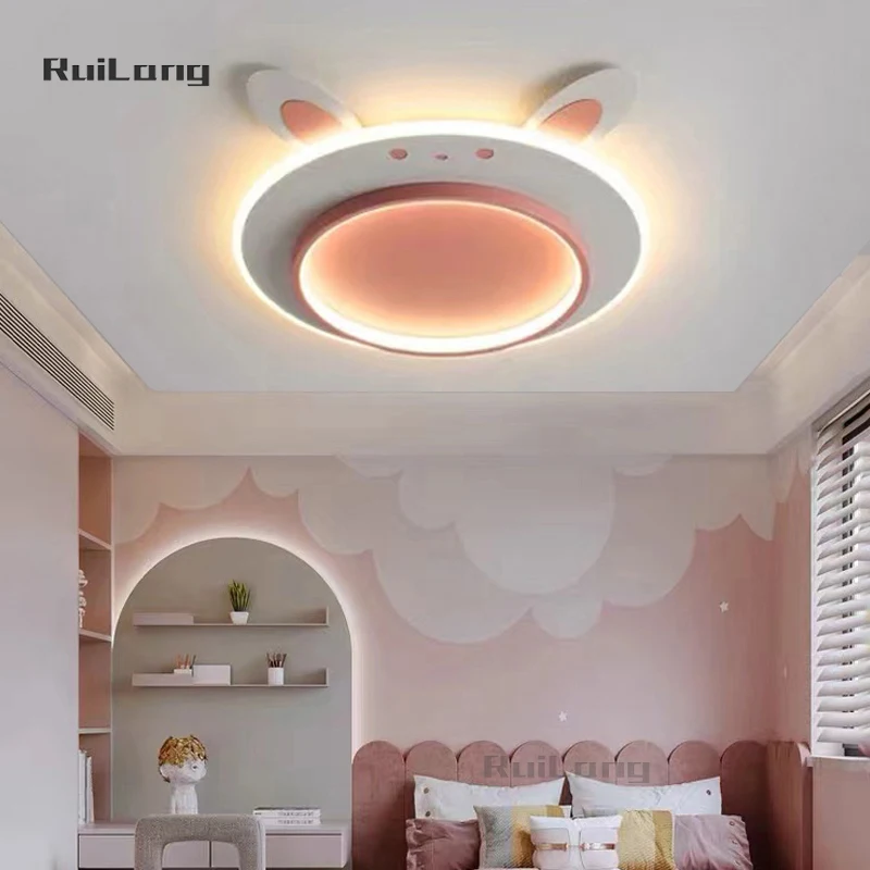 Kids Room Ceiling Light Rabbit Design Cartoon Pink Chandelier Children Princess Girl Bedroom Decor Cute Bunny Led Ceiling Lamps