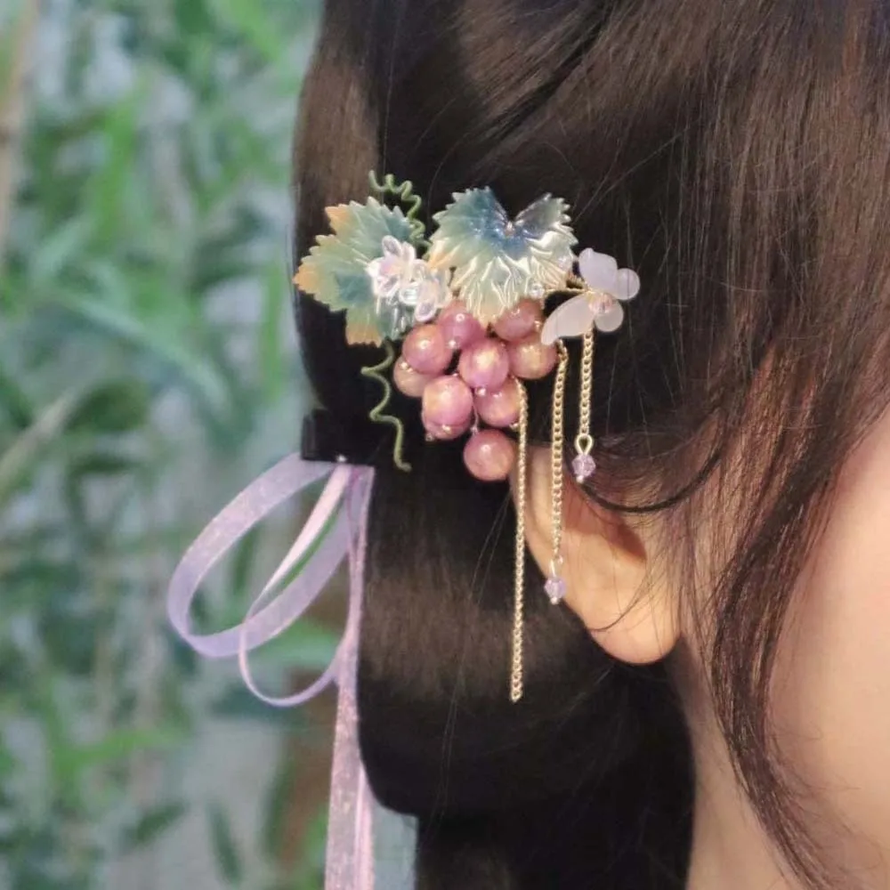 

Headwear Waterproof Grape Hair Clip Small Sweet Glass Beads Hairpins Hanfu Accessories Purple Chinese Style Side Clip Daily