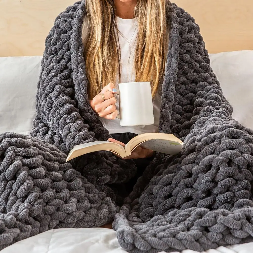 

Chunky Knit Blanket Throw 50x70, Grey Chenille Chunky Knit Throw Blanket for Living Room Decor or Boho Decor, Thick Yarn Knitted