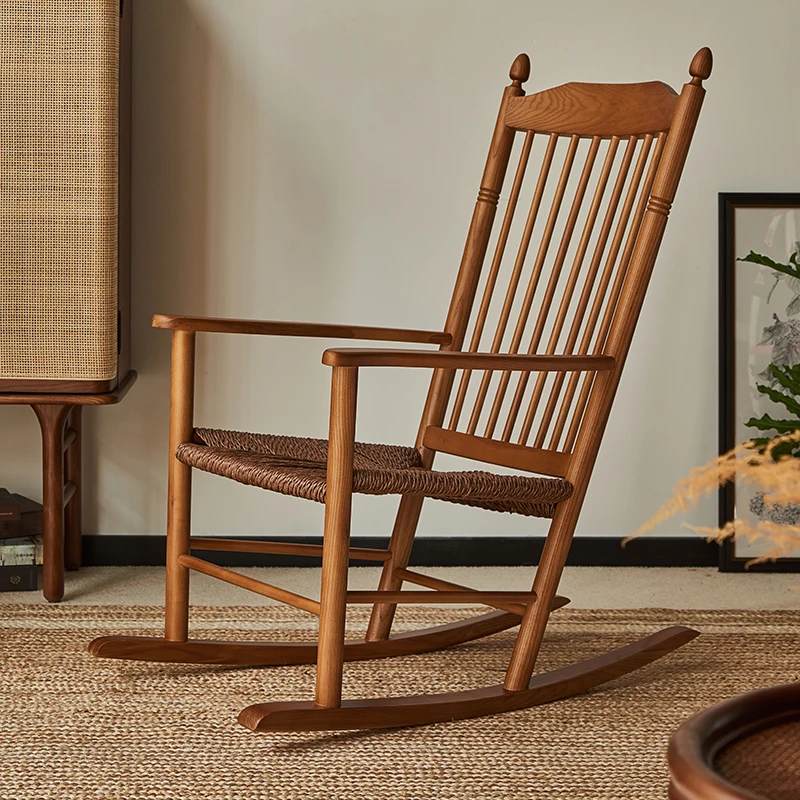 Solid wood rocking chair, rope braided rocking chair, vintage, rocking chair with armrests, high backrest, B&B living room