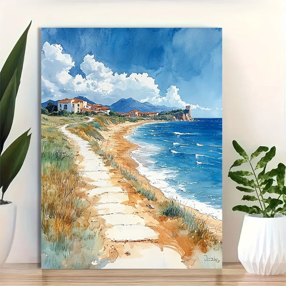 (No frame)2D Flat, French Watercolor Beach Painting Framed Wall - 12x16 Inch Palavas-Les-Flots Canvas Suitable for Holidays,