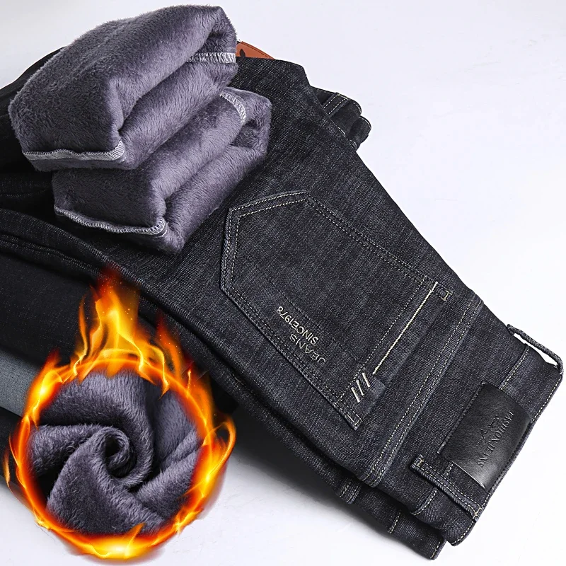 Jeans in pile classici dalla vestibilità regolare da uomo Pantaloni elasticizzati casual larghi alla moda da uomo Pantaloni caldi imbottiti in velluto di marca maschile