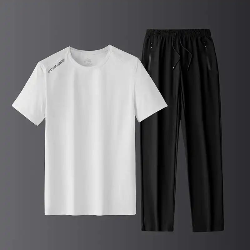 

Men's Summer Qui-drng Ice Silk T-irt ortsved Casual Sportswear Cotton 00% ort Sve Nine-Piece Pants
