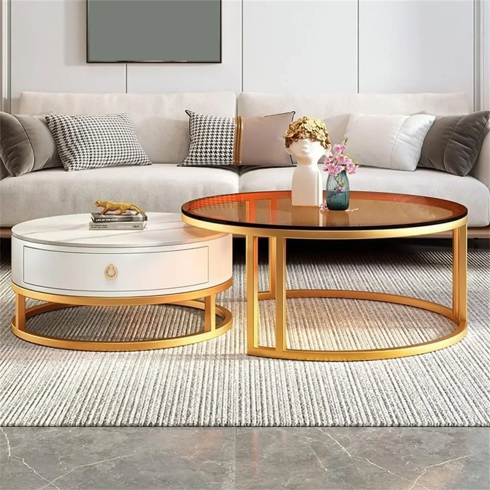 Conjunto de mesa de centro de 2, mesas centrais redondas com gaveta de armazenamento Mesa lateral de pedra de ardósia de vidro