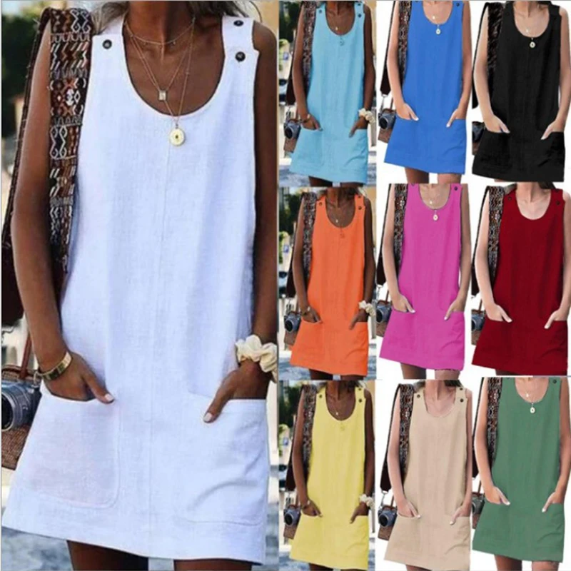 

2023 Woman Summer Beach Dress Elegant Solid Cotton Linen Sleeveless Long Tank Dress Casual Loose Party Pockets Sundress Vestidos