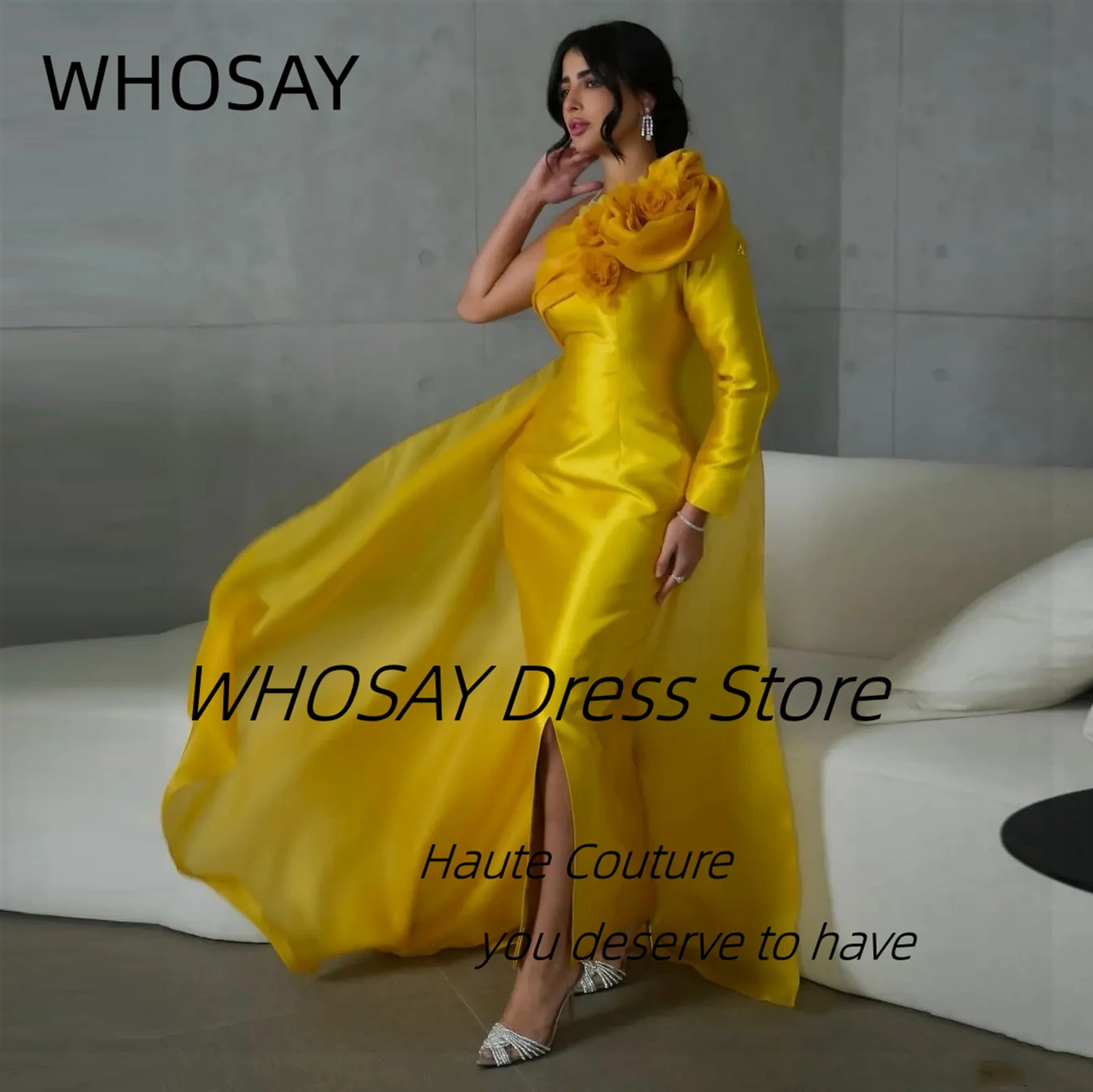 WHOSAY Saudi Arabia Prom Party Dresses Flowers One Shoulder Bespoke Special Occasion Dress with Shawls Long Sleeve Evening Gowns