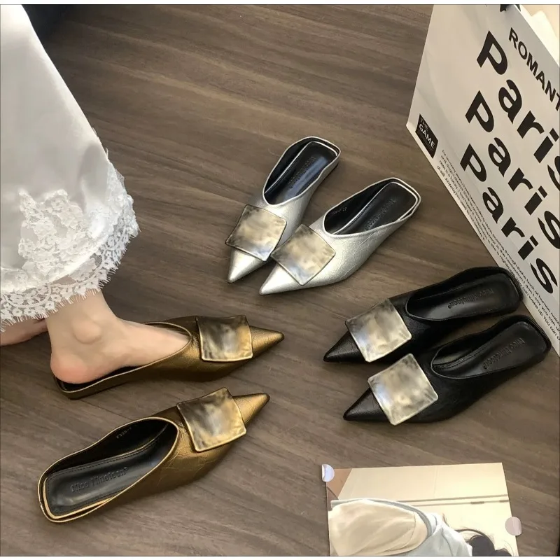 

Women Slippers Designer Flat Sandals Summer 2025 Slides Non-slip Metallic Color Fashion Footwear Brand Pointed Toe Mules Ladies