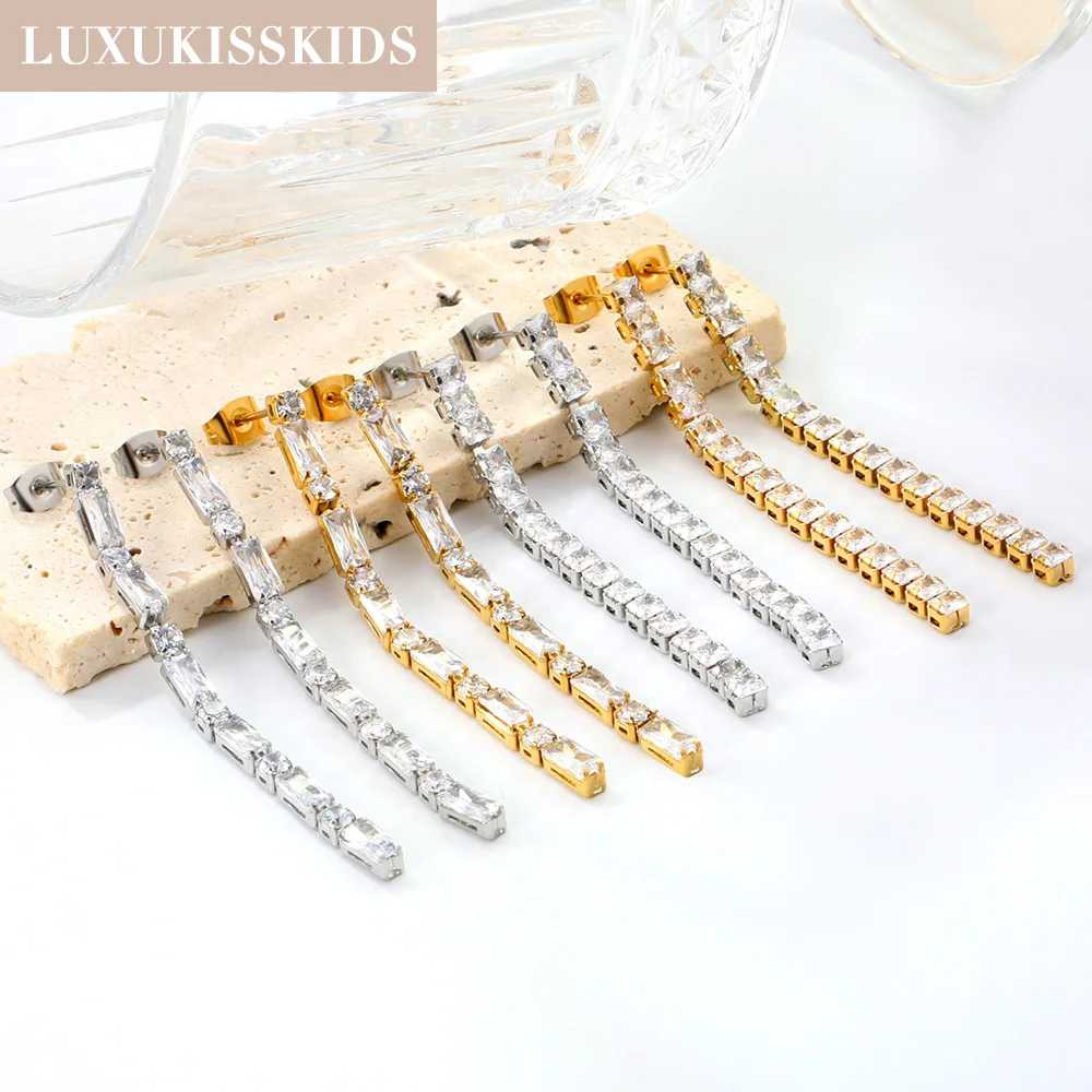 LUXUKISSKIDS Luxury Dazzling Cubic Zirconia Dangle Earrings Stainless Steel Long Drops Tennis Tassel aretes Woman Party Jewelry