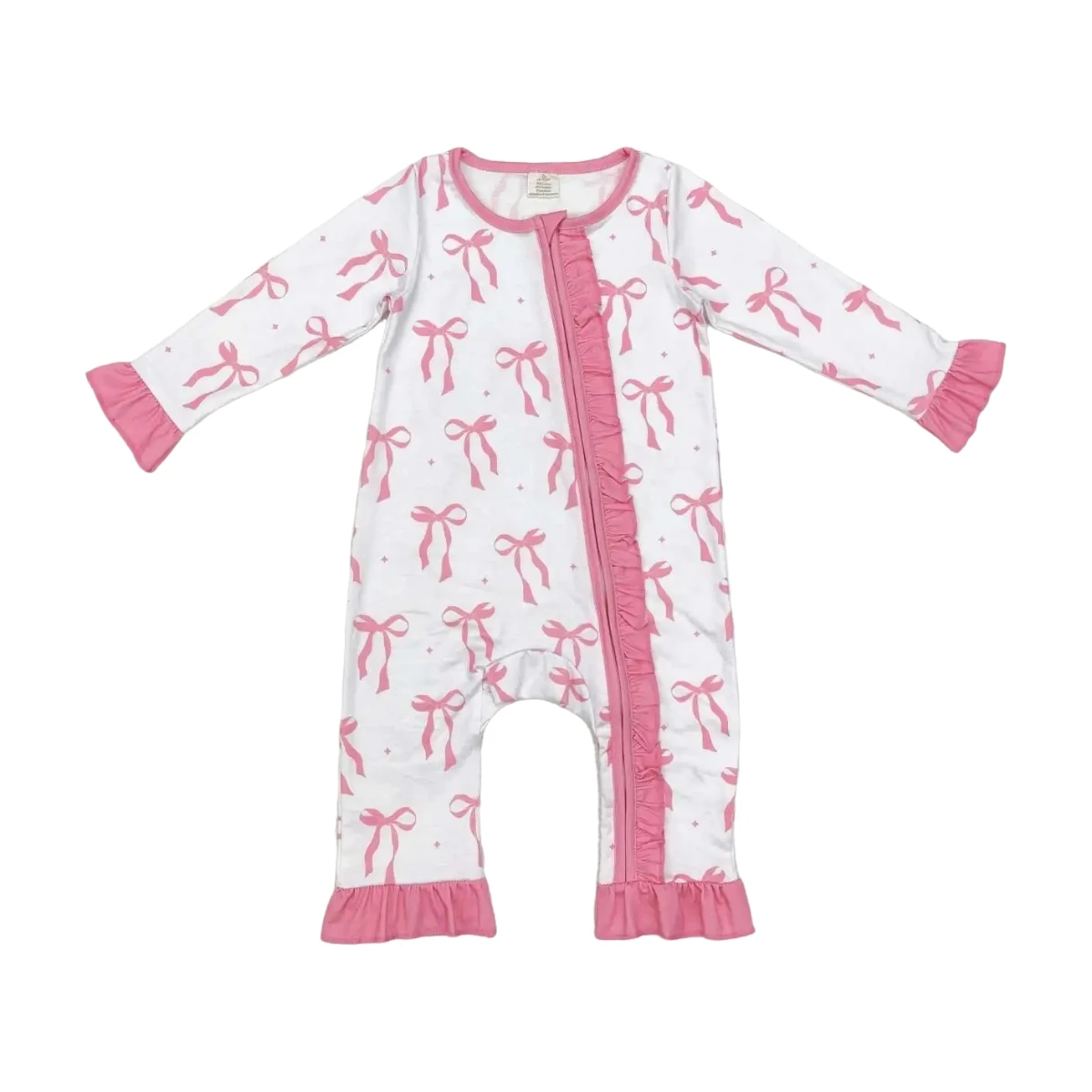 

New Fall Spring Designer Newborn Bodysuit Clothing Baby Girl Clothes Pretty Pink Bow Print Soft Long Sleeve Zippy Bamboo Romper