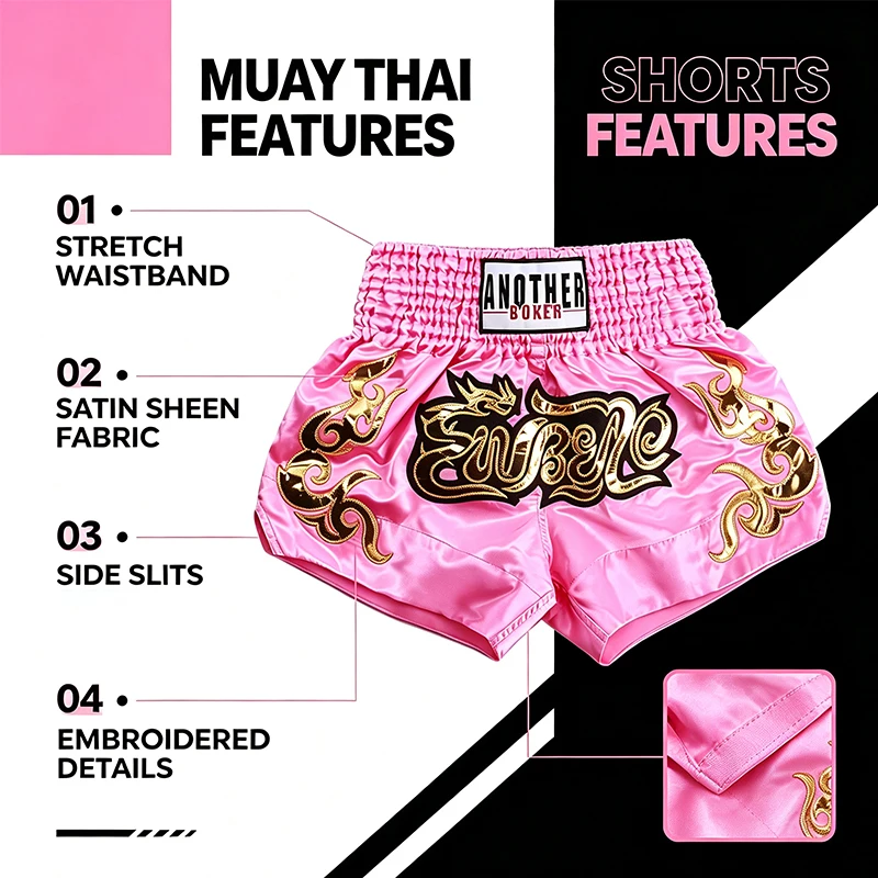Muay Thai Shorts mit Goldstickerei, Rosa Boxshorts für Männer, Frauen und Kinder, Kampfsport-MMA-Bekleidung, Gym-Käfigkampf-Kickboxhosen