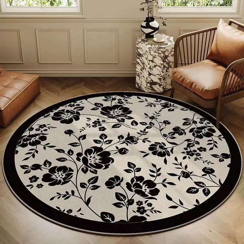 VIKAMA Black White Vintage Floral Branch Circular Area Rug Short Pile Non Slip Soft Carpet Living Room Bedroom Home Decor