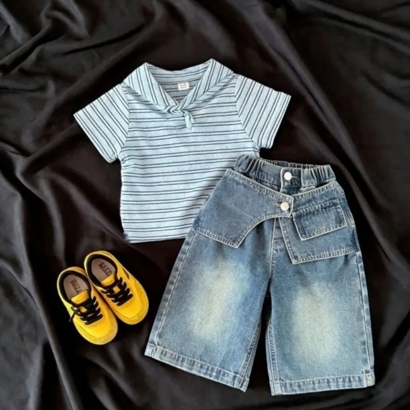 Children's Summer Set Fashionable New Boys' and Girls' College Style Short sleeved Top+Jeans Two piece Set