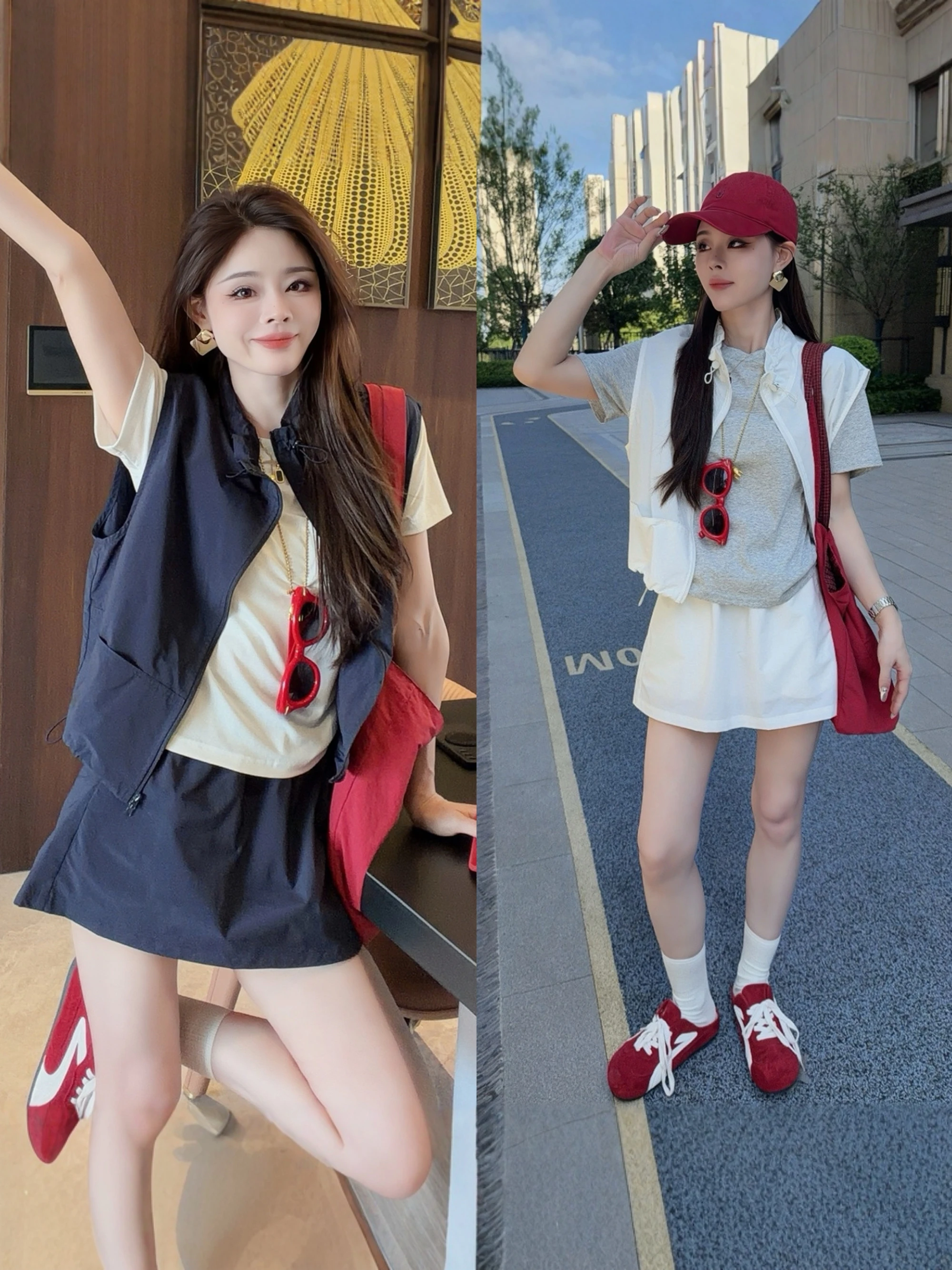 

Summer 2026 Trendy Three-Piece Set Korean Workwear Style Casual Sleeveless Outerwear Vest T-Shirt Half Skirt Women's Fashion