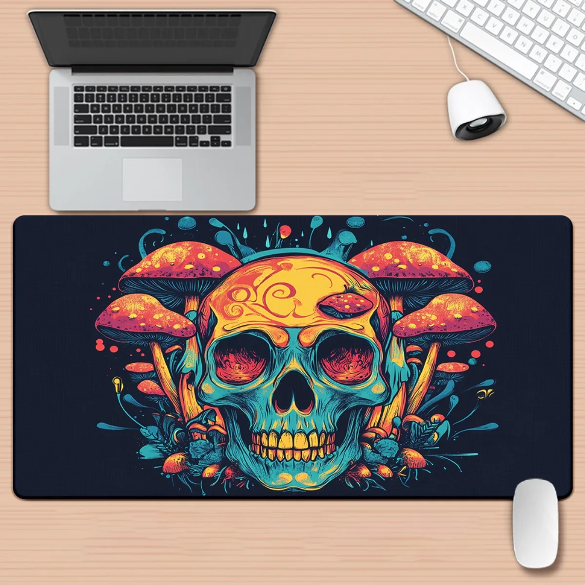 

The computer accessory features a black background with a neon mushroom pattern mouse pad made of high-quality rubber