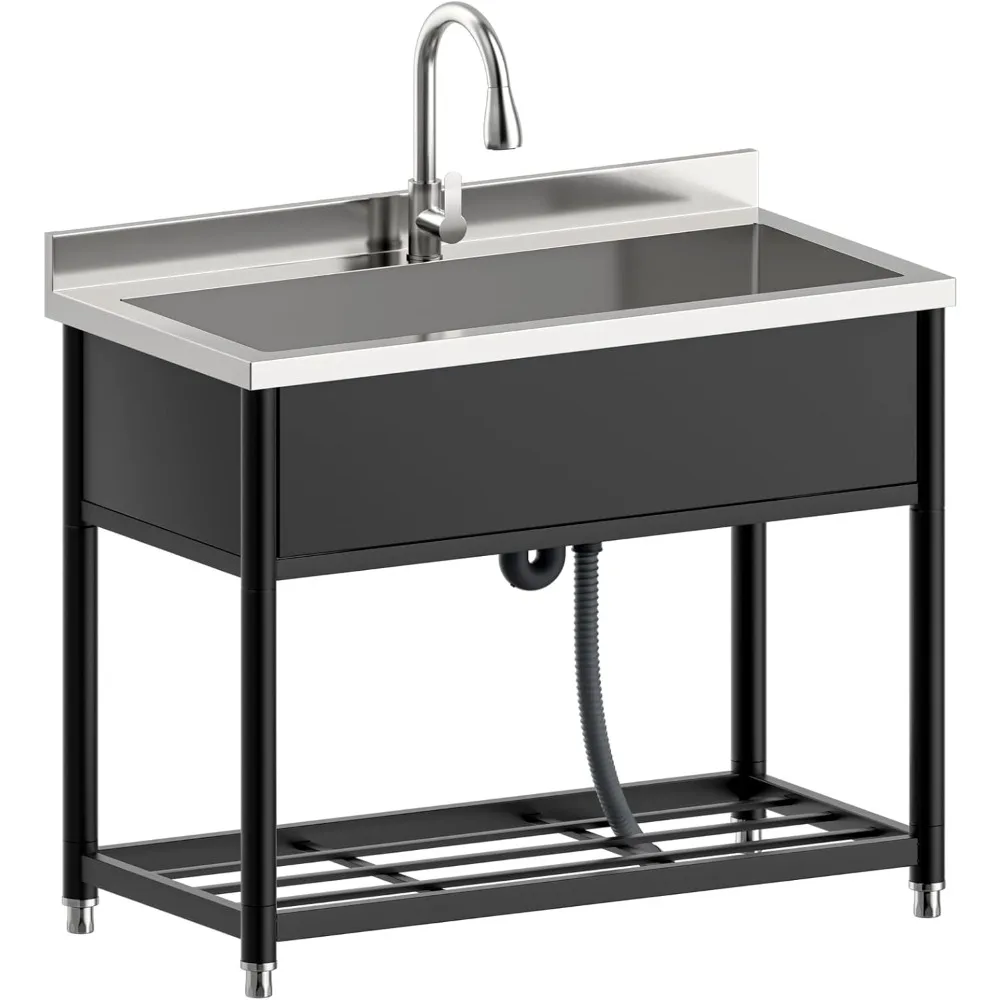 Stainless Steel Large Utility Sink Single Bowl Freestanding Laundry Sink with Pull-Out Faucet,Utility Sink  Laundry Room Garage