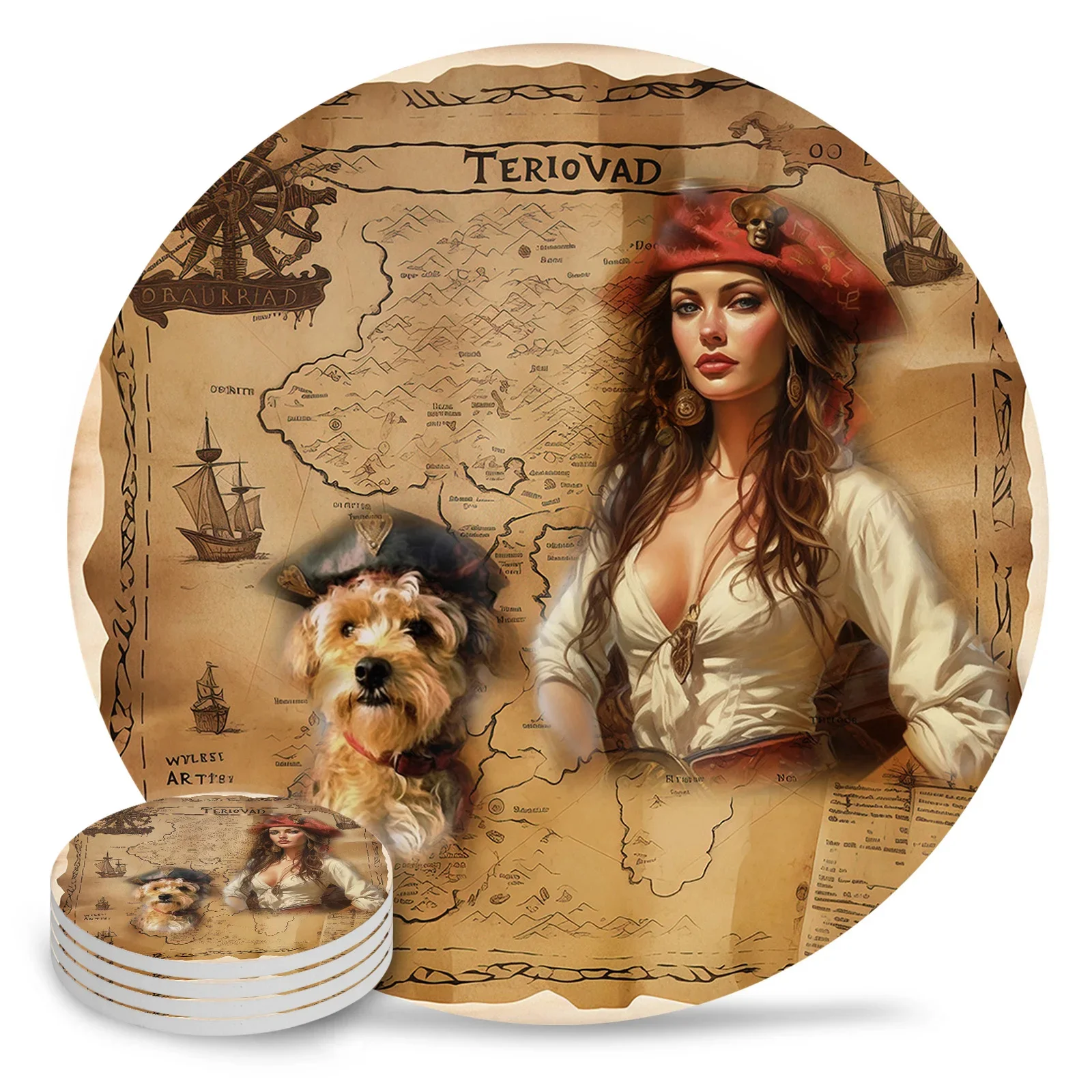 Books Map Compass Round Ceramic with Cork Backing Cup Mat Coaster Coffee Tea Cup Mats Non-slip Placemat Tableware Pads Decor