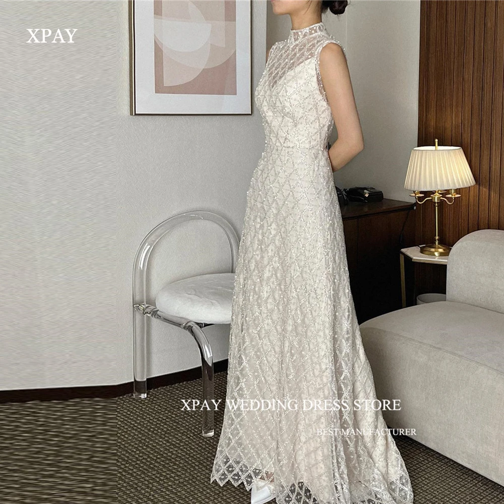 Xpay Glitter Full Lace A Line Korea Trouwjurken Hoge Hals Mouwloze Vloer Lengte Elegante Bruidsjurken Glanzende Fotoshoot