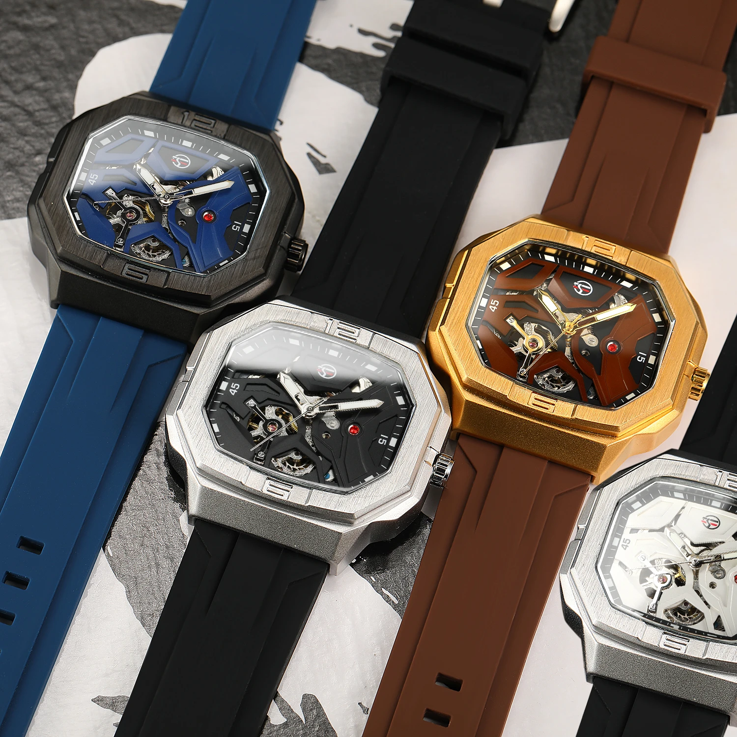 FORSINING Designer Luxury Man นาฬิกา Square Steel Skeleton Mechanical การเคลื่อนไหวอัตโนมัติ Clockwork สายยางกันน้ําชาย