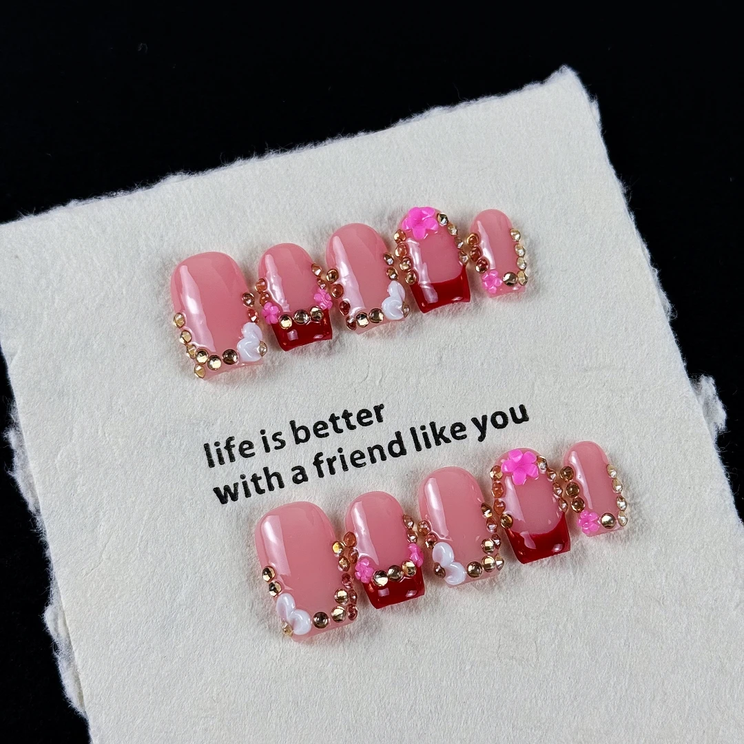 10pcs High-end Pink girl style, hand-painted three-dimensional engraved design, dazzling point-of-light diamonds handmade fake