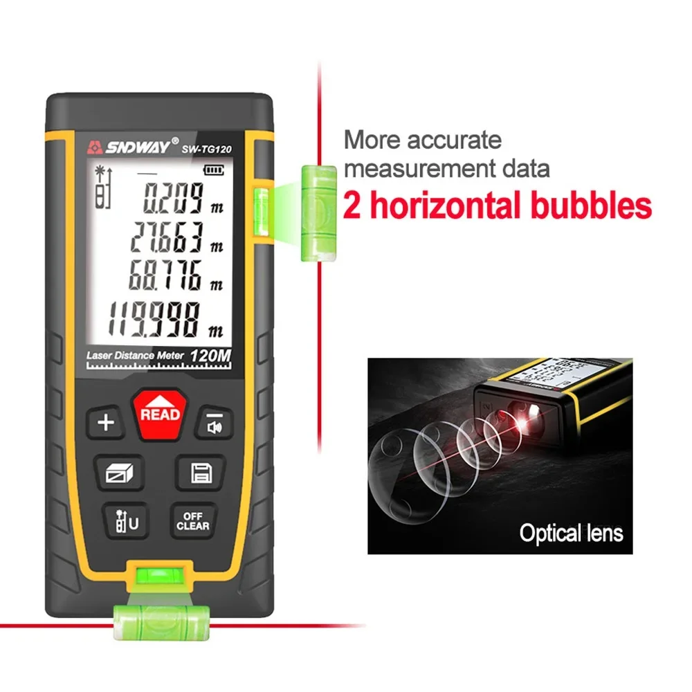 SNDWAY Laser Rangefinder SW-TG50 TG120 Series 2 Inch Screen 50 70 100 120m 2 Bubble Leverl Laser Distance Meter Range Finder