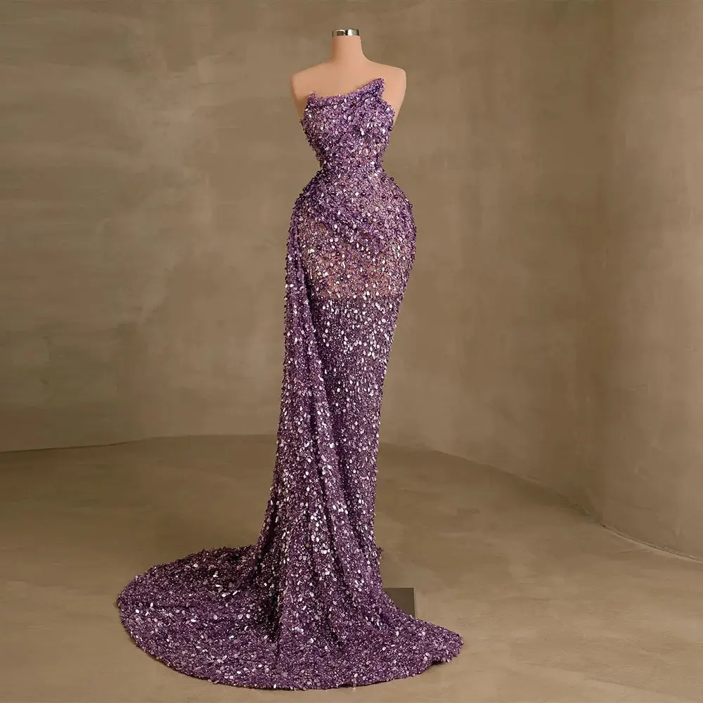 Robe de Soirée Sirène à Paillettes pour Occasions Spéciales, Simple, Sans Bretelles, Col Alien, Sexy, Formelle, avec Poignées, Traîne Amovible