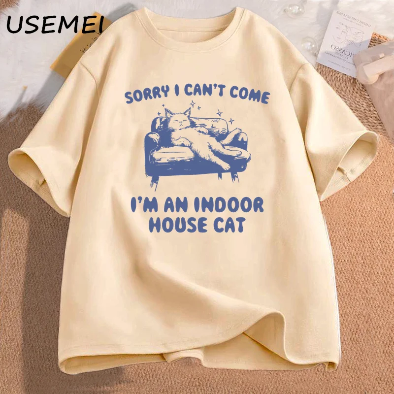 Sorry I Can't Come I'm An Indoor House Cat T-Shirt Vintage 90s Sleeping Introvert Kitten T Shirt Women Funny Cat Graphic Tshirt