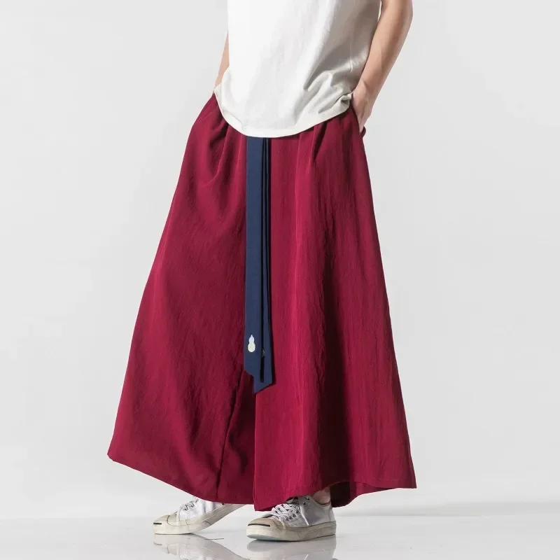 2023 Men Wide Leg Pants Cotton Joggers Retro Loose Trousers Man Chinese Style Linen Pants Male Big Crotch Nepal Robe Solid Pants