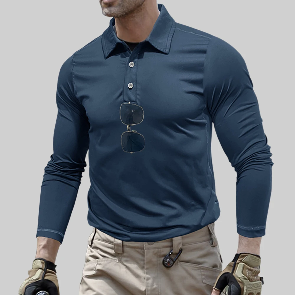 Camisetas tácticas deportivas de manga larga con solapa para hombre, camiseta de entrenamiento al aire libre para Fitness, camisetas de secado rápido para senderismo, ropa para hombre