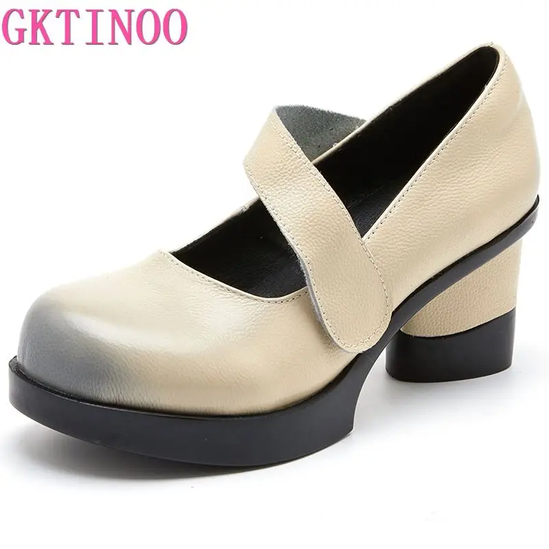 GKTINOO High Heels Genuine Leather Pumps Women Shoes 2024 New Autumn Retro Casual Round Toe Platform Handmade Ladies Shoes