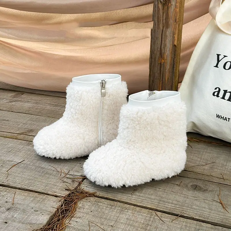 Korean Style Kids Mid Calf Furry Winter Snow Boots for Girls Warm Baby Boots with Fluffy Lining Fashion Boots for Children​