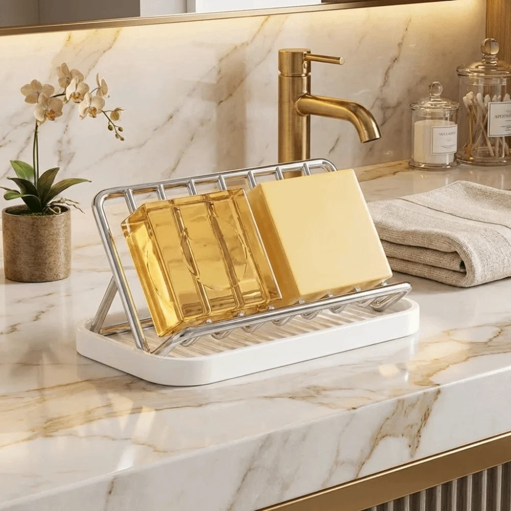 Non-slip Stainless Steel Soap Rack Space Saving Rustproof Bathroom Storage Rack Ventilated with Drain Tray Countertop Drain Tray