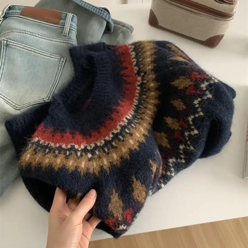 Fair ilha jacquard menina camisola outono inverno pulôver solto macio pegajoso manter quente novos topos estilo preppy cor bloqueando malhas