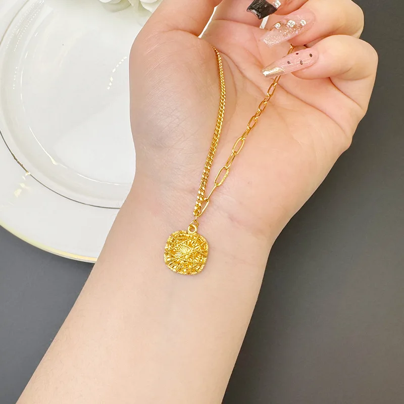 

Luxury 24K 9999 Pure Gold real gold Women's Necklace Geometric Brushed Small Cube Ring Bracelet suit