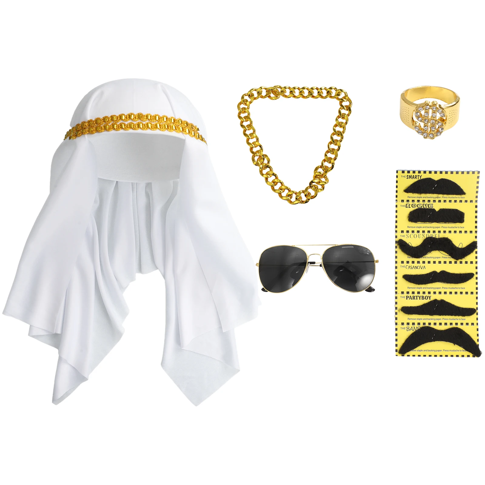 

Men Fancy Arabian King Outfits Cap Hat Beard Glasses Ring Necklace Accessories Outfits Halloween Fairy Party Carnival Dress Up