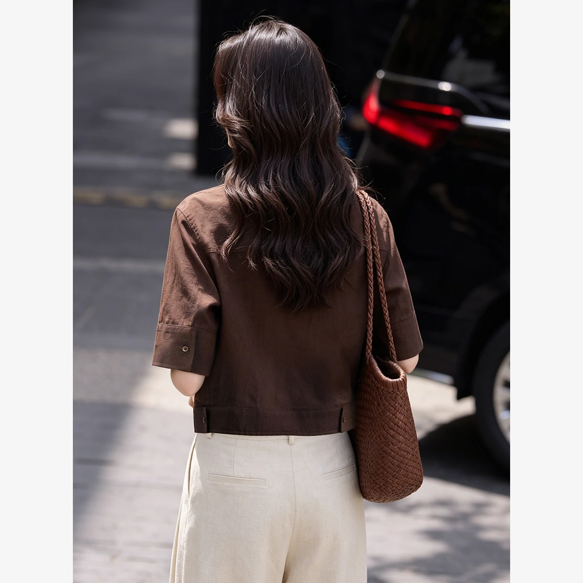 VIMLY Brown Coffee Lapel Linen Shirt Women Autumn Minimalist Lyocell Short Blouse Fashion Office Lady Long Sleeve Jacket A6207