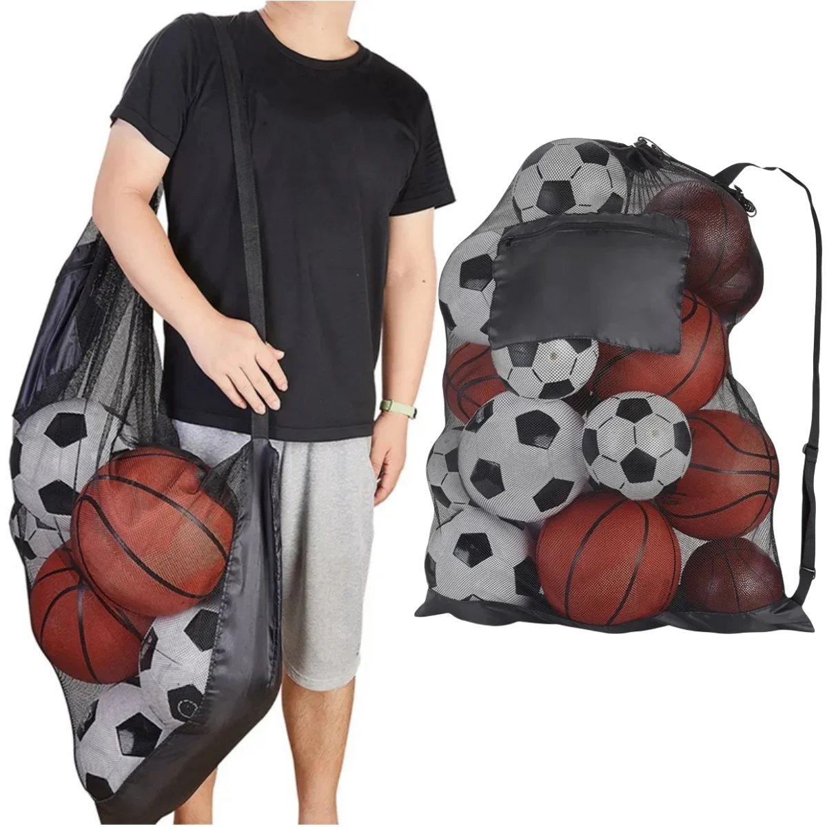 Large Drawstring Visible Mesh Bag with Shoulder Strap, Sport Gear Bag for Storing Basketball, Volleyball, And Swimming Equipment