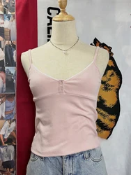 Sweet Cute Pink Buttons Tank Tops Women New Lace Trim Cotton Sleeveless Summer Camis Vests Vintage Solid Simple Crop Top Y2k
