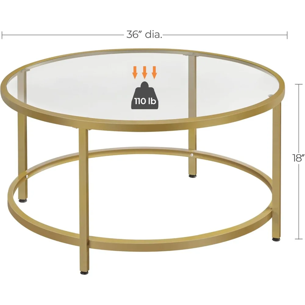 Table basse ronde en verre doré avec cadre en métal, salon, maison, bureau, appartement