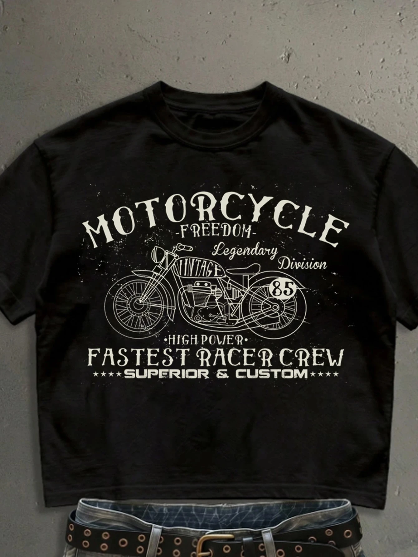 2026 New Family Matching Unisex Oversized T-Shirt Vintage Motorcycle Line Art Freedom Text Chest Front Print Streetwear Tops