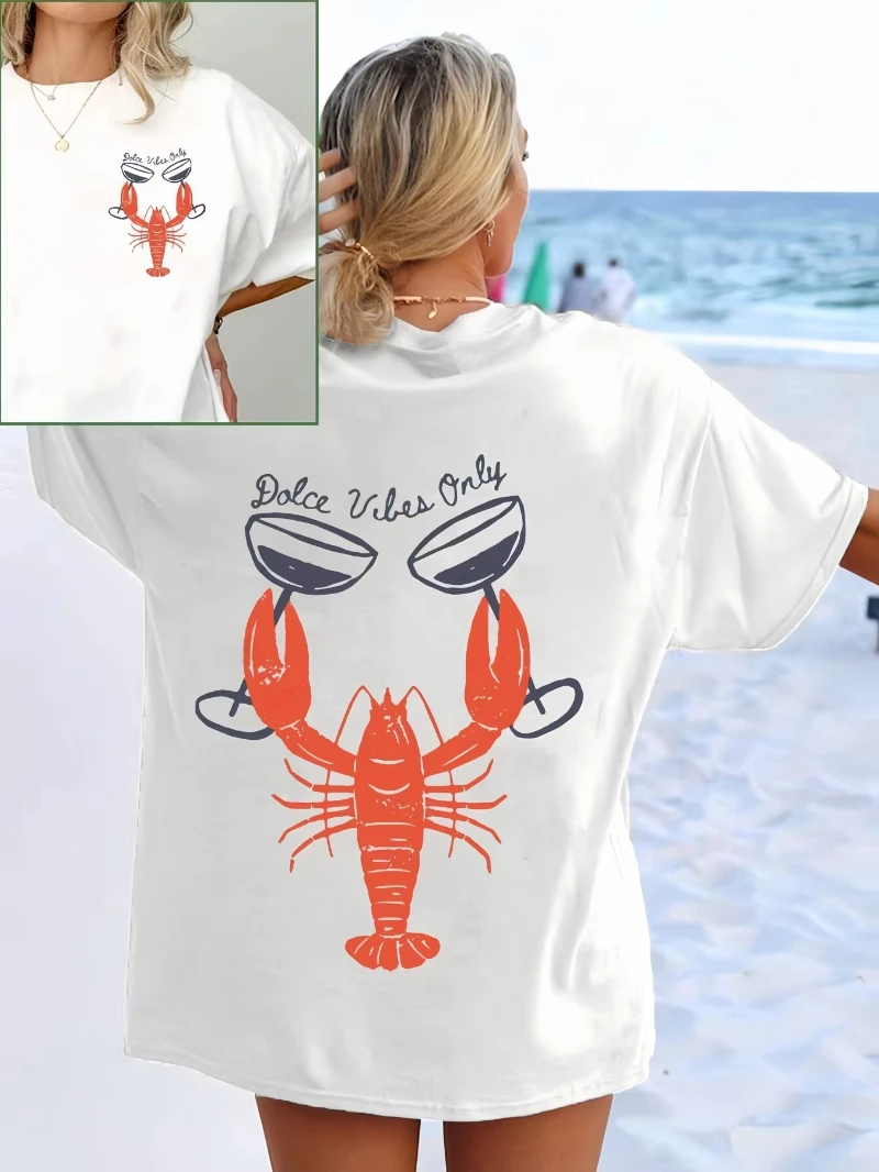 The short-sleeved T-shirt with lobster and wine glass prints is versatile for both men and women in summer, autumn and winter