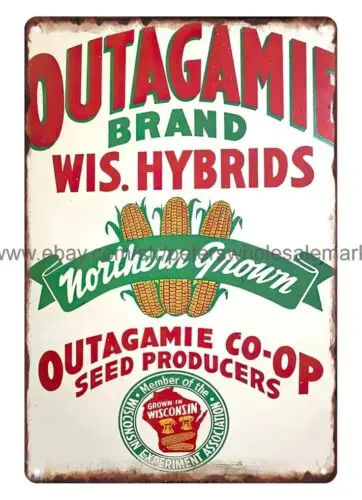 WISCONSIN OUTAGAMIE SEED CORN MASONITE FARM metal tin sign shop wall decor sign