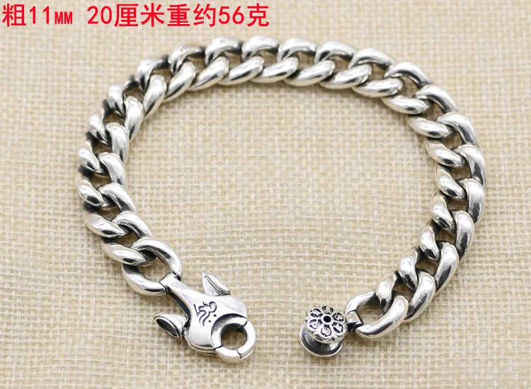 Japan and South Korea 925 sterling silver Om mani padme hum bracelet men's wide face cherry blossom retro Thai silver bracelet f