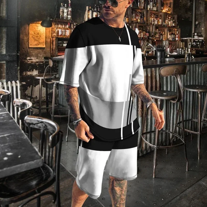 Summer 3D printed megfn's T-shirt set, strijhped short sleeves and shorts, two-piece men's set hfhdh  dg