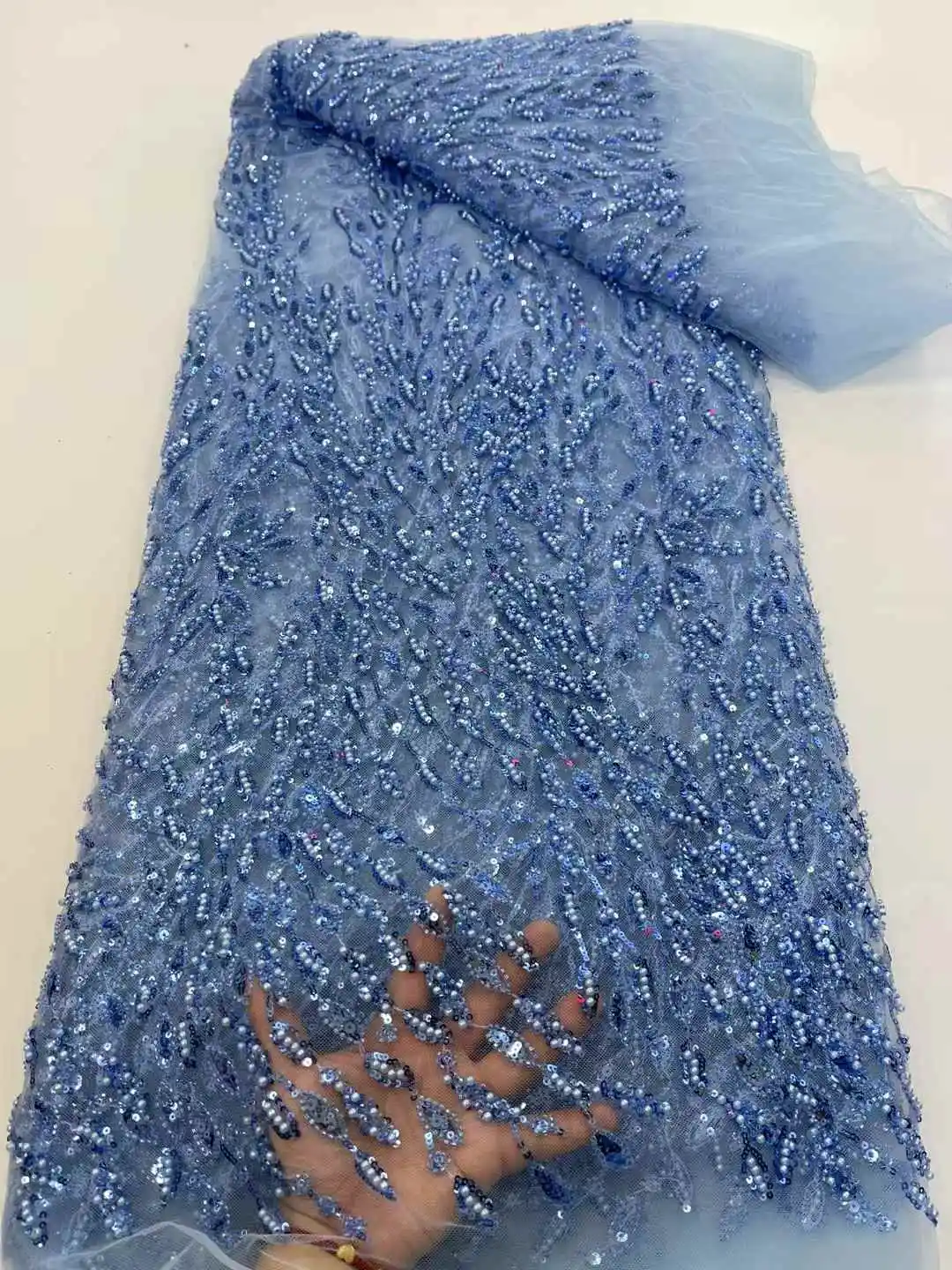

Nigerian 2025 New Beauty Sky Blue Tulle Lace Fabrics With Heavy Beaded High Quality African Sequins French for Wedding Dress,