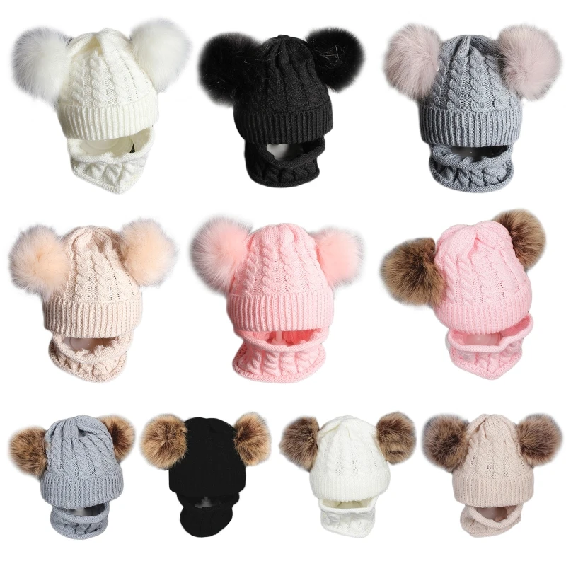 

New 2Pcs Toddler Baby Winter Beanie Hat Circle Loop Scarf Set Chunky Braided Cable Knit Solid Color Double Pom Pom